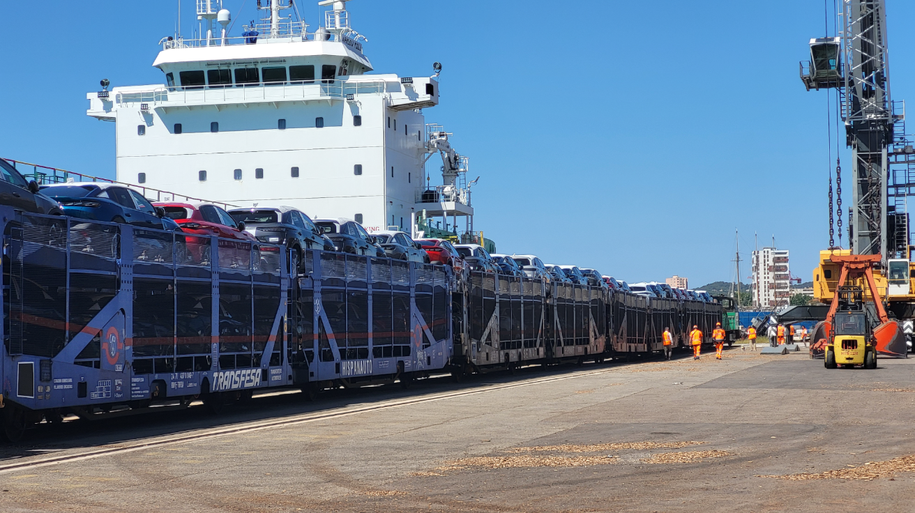 Vue d'un train transportant des véhicules au terminal de Bregaillon